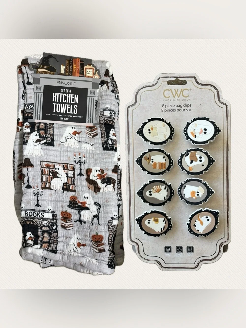 Brand new Envougue Ghost Reading Kitchen Towels and CWC Ghosts Reading Bag Clip
